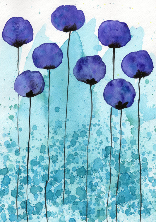 Purple Poppies on Aqua PRINT, Watercolor Painting Flowers, Modern Farmhouse, Cottagecore Cottage Garden Wall Decor Soft Floral Art Artwork